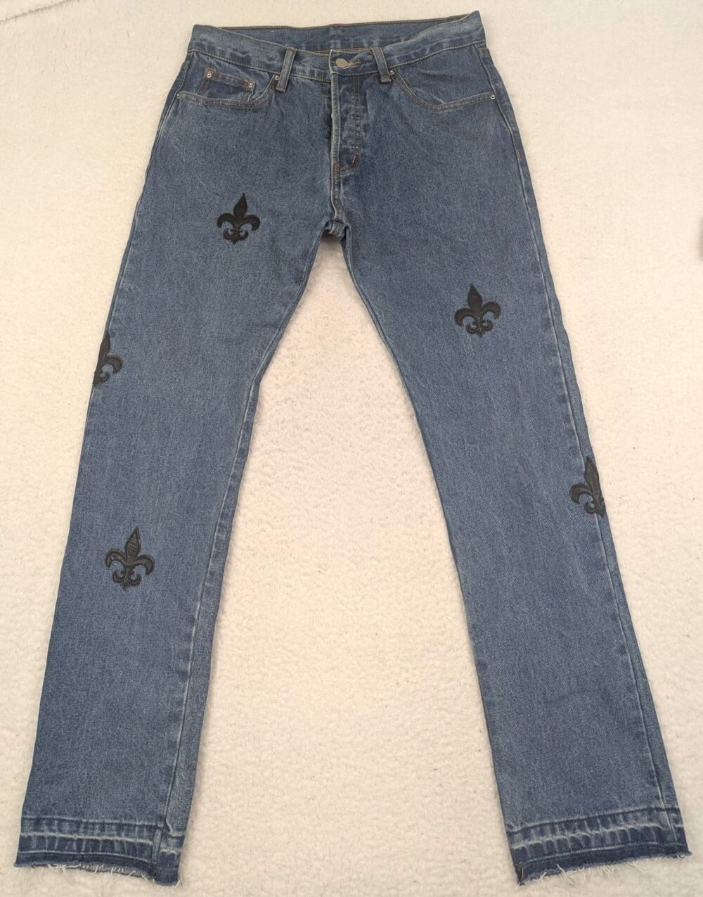 mnml Men’s Jeans Embroidered Denim 32x32 Button Fly Saints Fleur De Lis Cotton